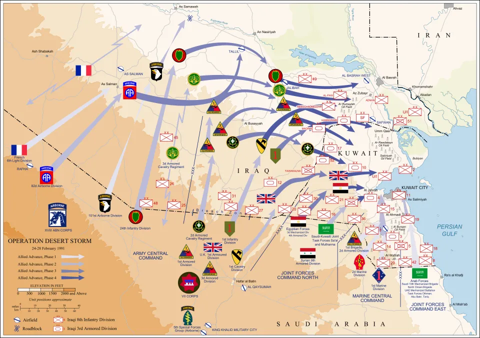 Map of coalition and Iraqi ground operations during Operation Desert Storm in February 1991