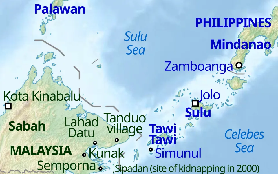 Map of the Lahad Datu standoff area in eastern Sabah and the southern Philippines