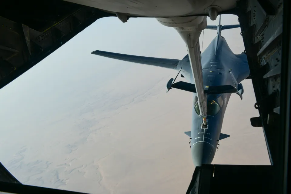 A U.S. Air Force B-1B Lancer refueled by a KC-10 during the Syria strike mission.