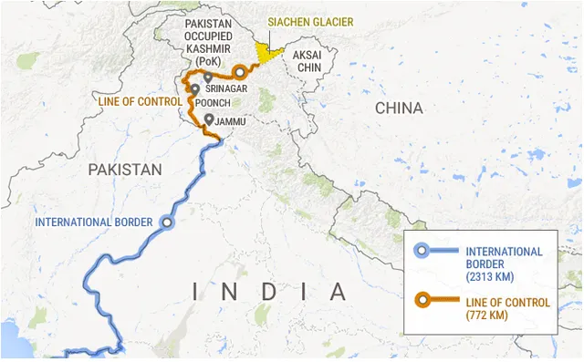 Map of the India-Pakistan border and the Line of Control in Kashmir.