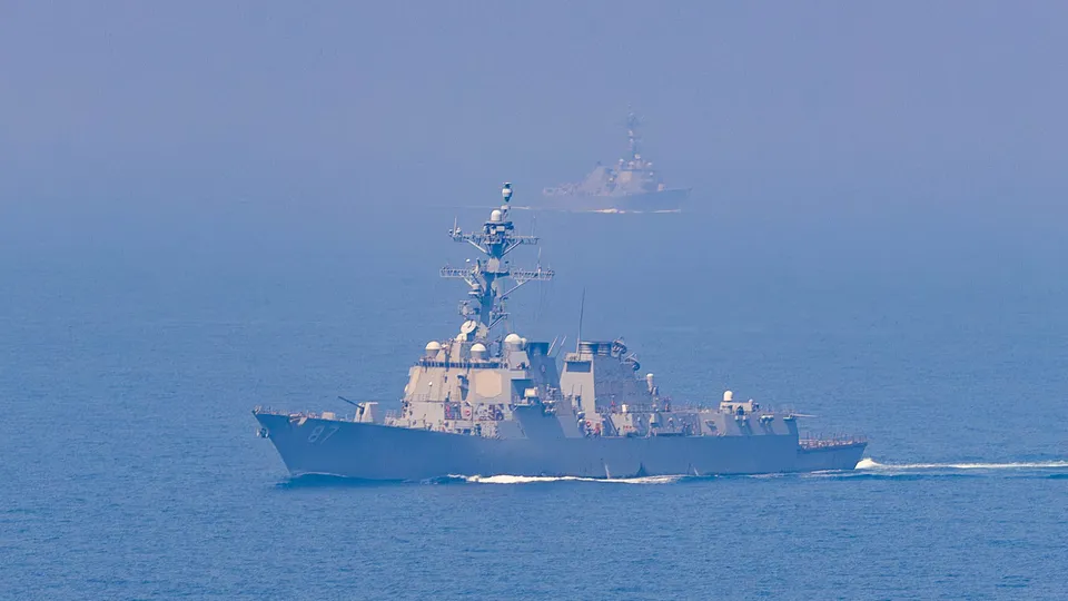 U.S. Central Command image for U.S. warships transiting the Strait of Hormuz during the 2026 Iran War