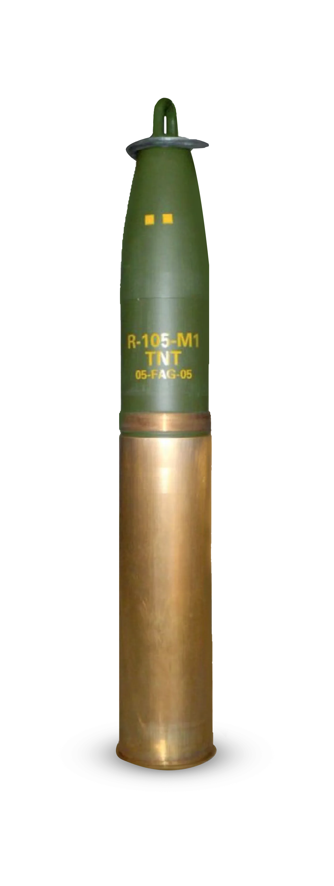 Cartridge, 105 mm, High-Explosive, M1, 105 mm semi-fixed high-explosive artillery cartridge for 105 mm howitzers, Munitions