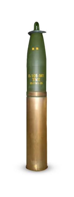 Cartridge, 105 mm, High-Explosive, M1, 105 mm semi-fixed high-explosive artillery cartridge for 105 mm howitzers, Munitions