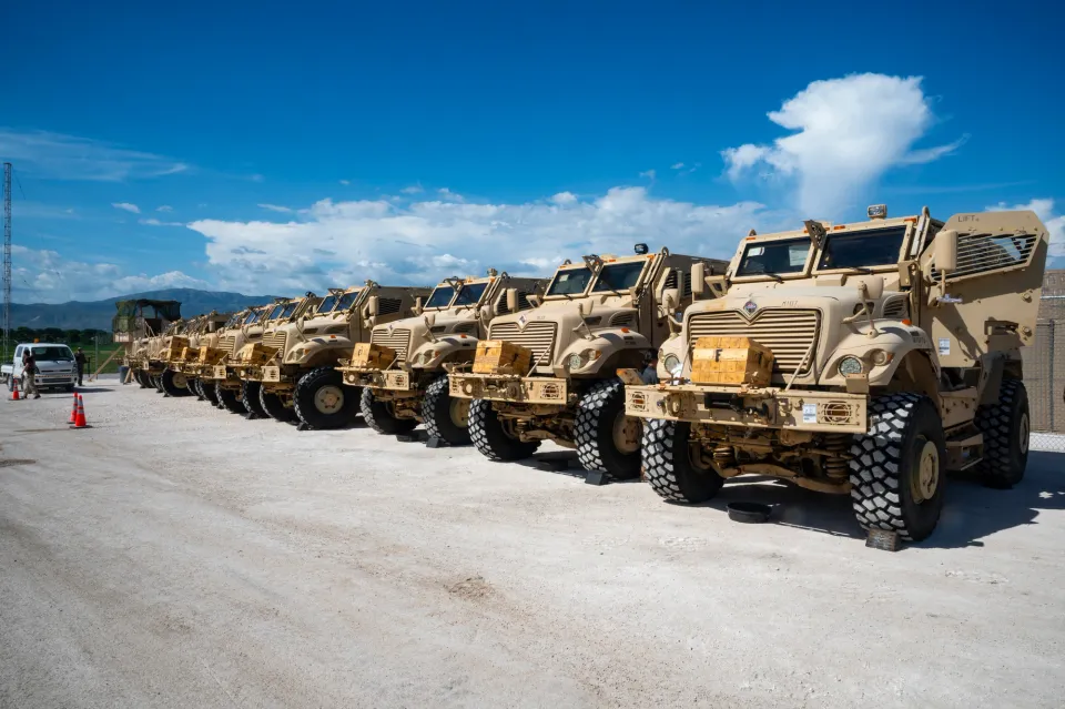 U.S.-provided MRAP vehicles lined up in Port-au-Prince for transfer to MSS personnel