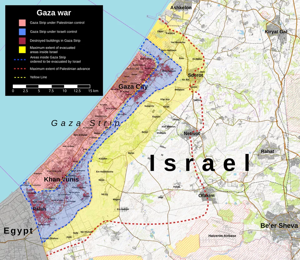 Map of the 2023 Israel-Hamas War area around Gaza and southern Israel