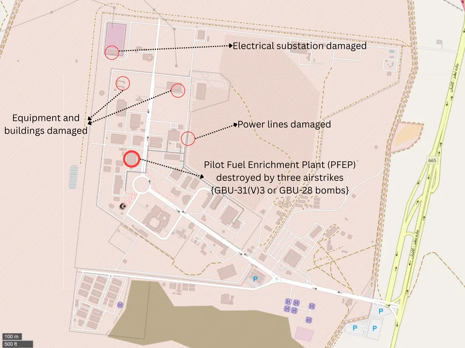 Map of Israeli airstrike locations at the Natanz nuclear facility during Operation Rising Lion