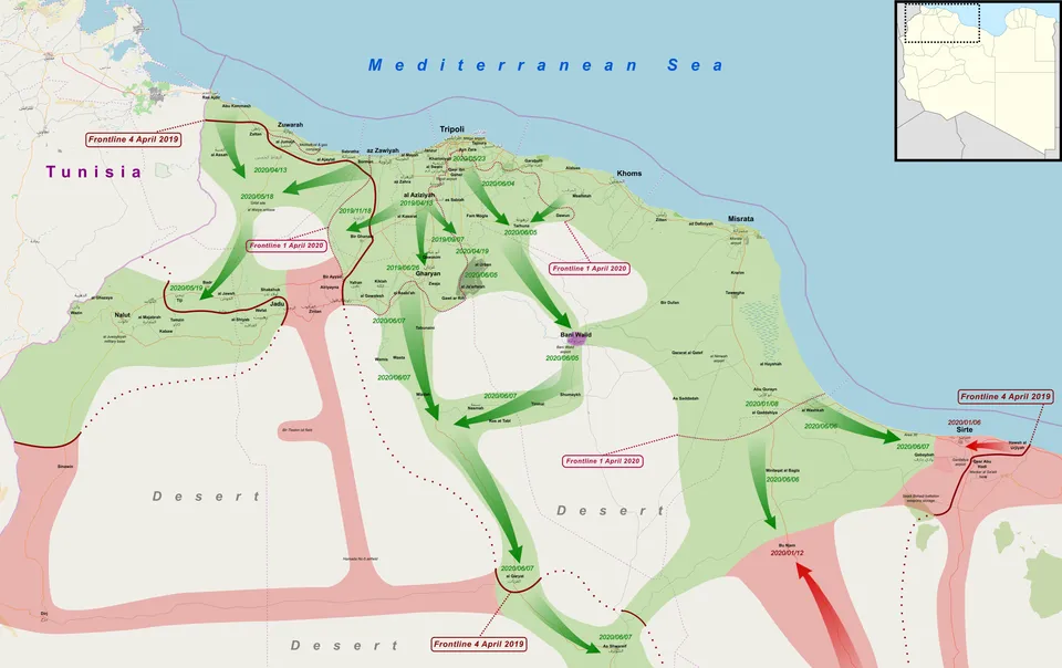 Map of the 2019-2020 western Libya operation showing LNA and GNA areas of control