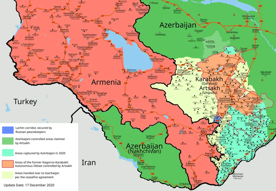 Map of the 2020 Nagorno-Karabakh war front lines and territorial changes.