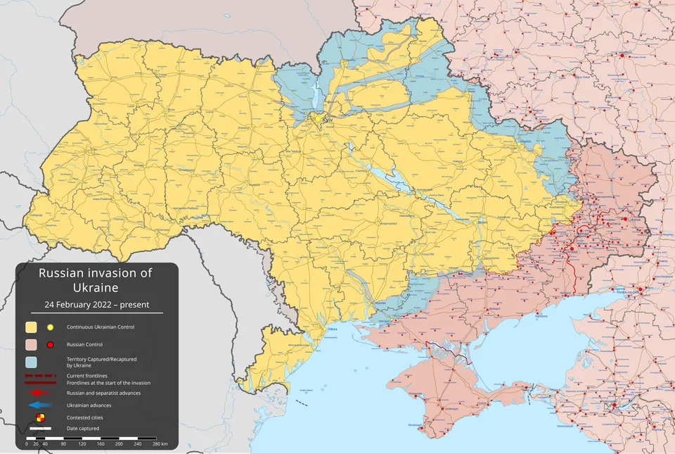 Map of the Russian invasion of Ukraine showing territorial control and major areas of fighting