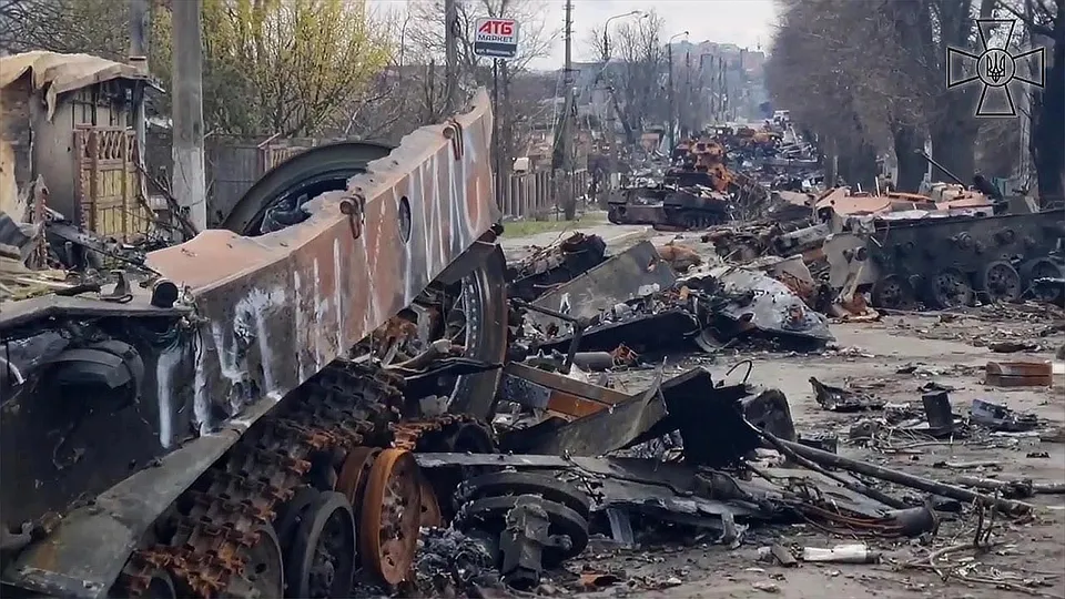 Destroyed armored vehicles on Vokzalna Street in Bucha, Kyiv Oblast