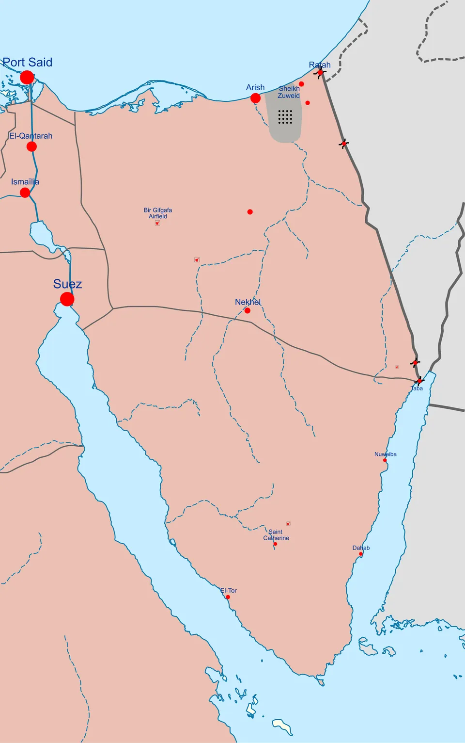 Map of the 2011 Sinai Insurgency area showing Egyptian government and Islamic State Sinai Province control zones