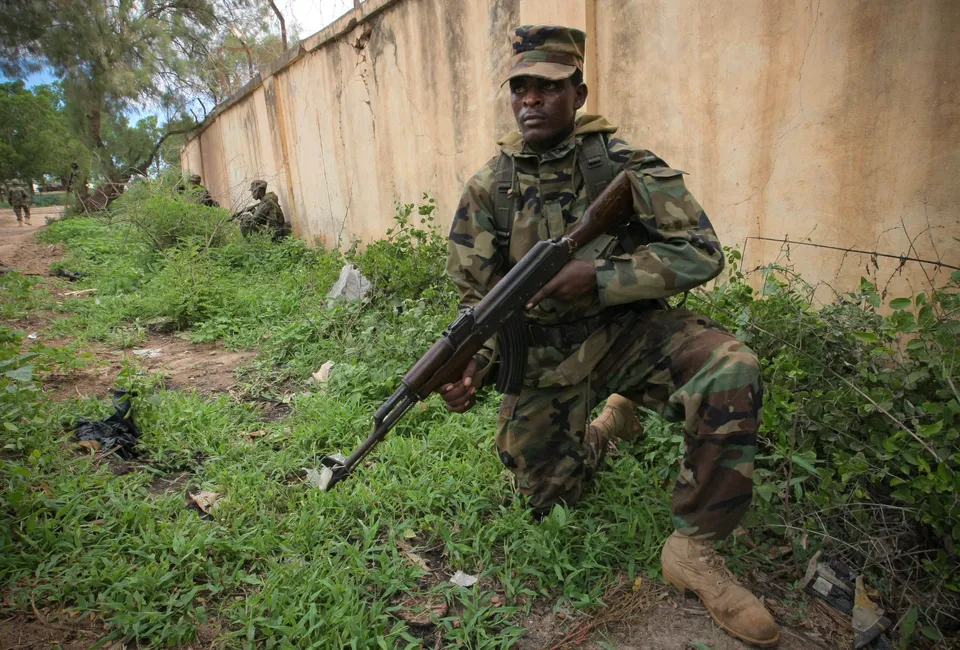 Somali National Army soldiers holding positions in Afgoye during an AMISOM-supported operation