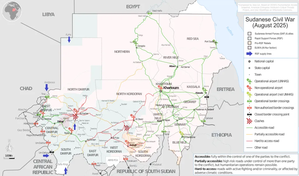 Composite map of the 2023 Sudan War showing areas of control, access constraints, and major transport features in 2025