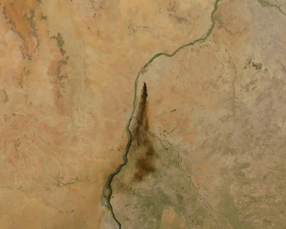 NASA MODIS satellite image showing a smoke plume from the Al-Jaili refinery north of Khartoum in January 2025
