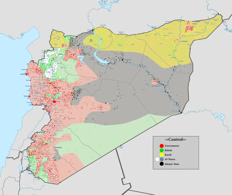 Map showing areas of control in the 2011 Syrian Civil War on August 1, 2016