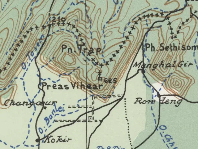 Historic map showing the Thailand-Cambodia boundary in the Dangrek Mountains near Preah Vihear