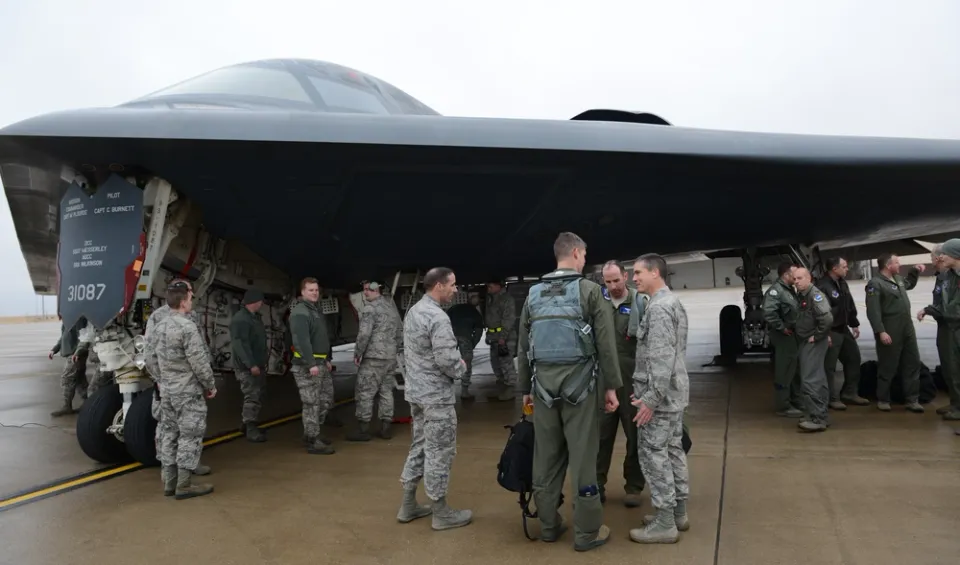 B-2 Spirit crew members welcomed after a Libya strike sortie