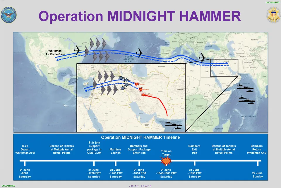 Department of Defense graphic showing Operation Midnight Hammer routes and target timeline