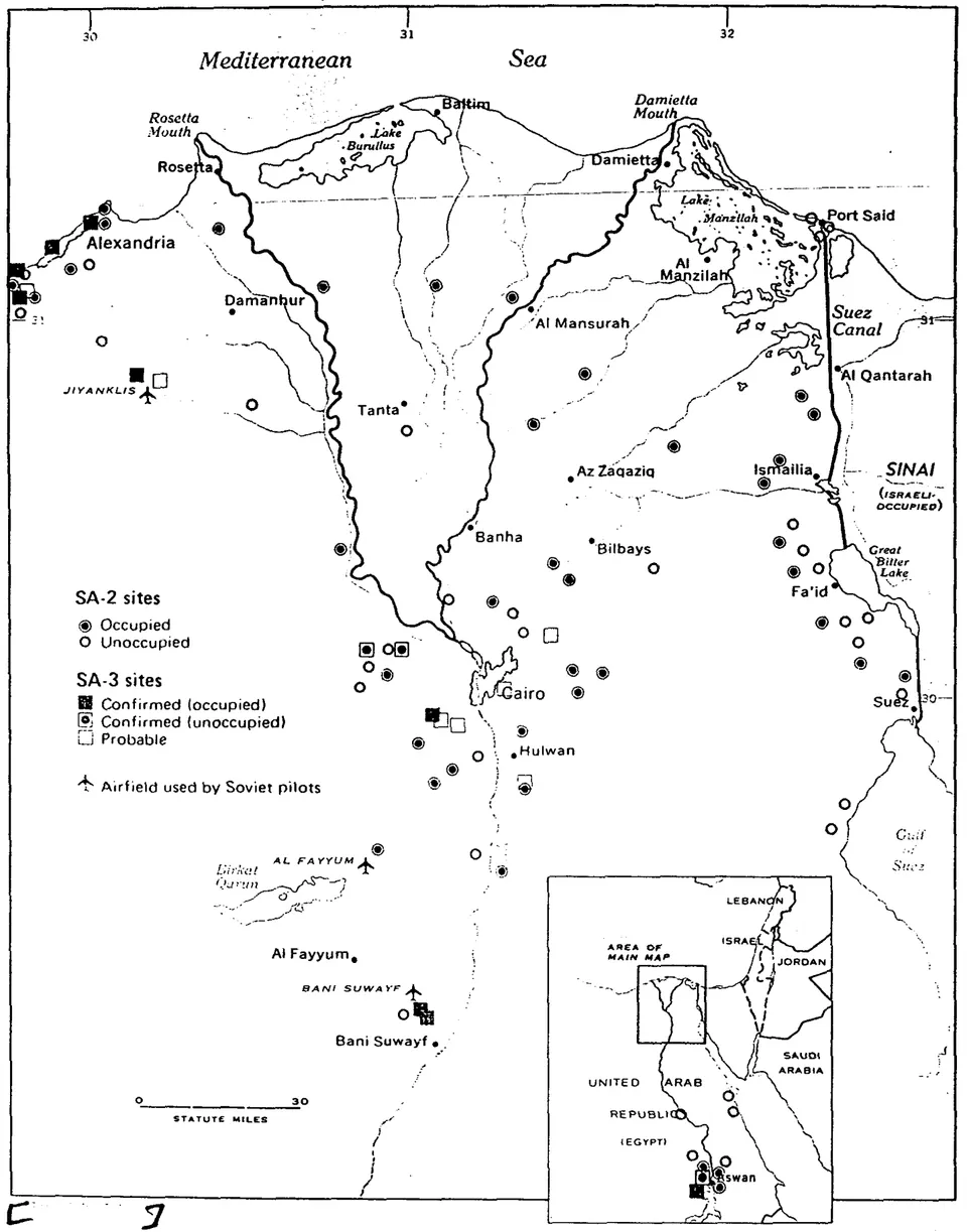 CIA map showing Soviet SA-2 and SA-3 surface-to-air missile sites and airfields in Egypt as of May 1970