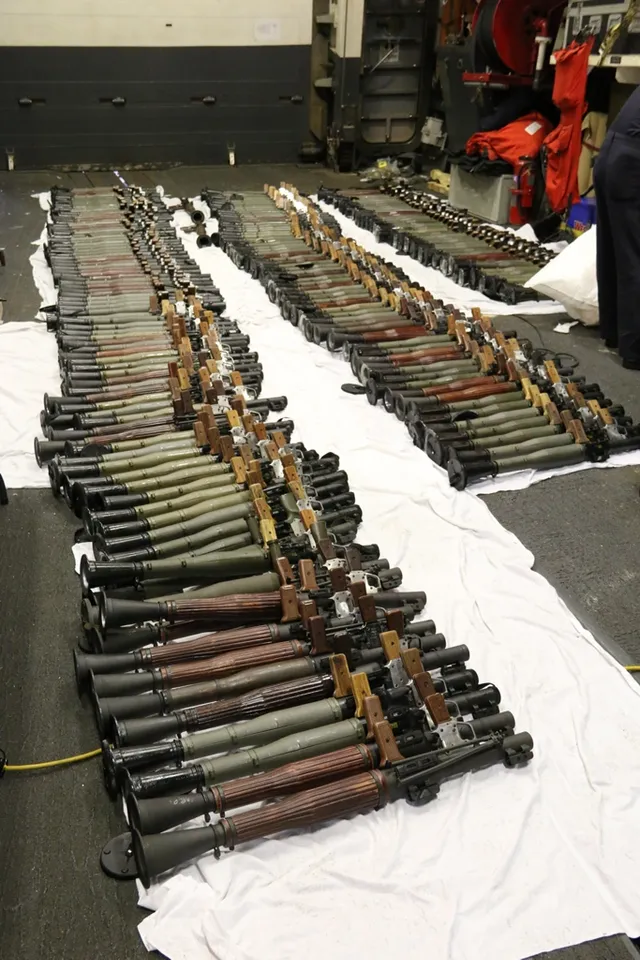 Weapons cache displayed on the deck of USS Gravely after a 2016 Arabian Sea interdiction
